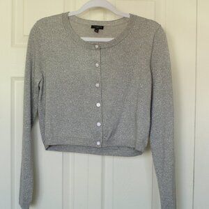 Talbots silver grey metallic merino wool cropped cardigan size Large petite